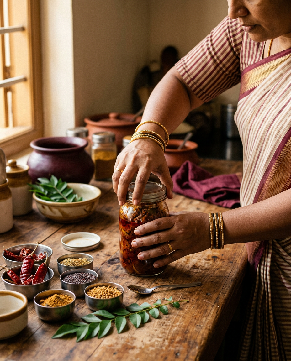 Traditional homemade pickle preparation in an Andhra kitchen
