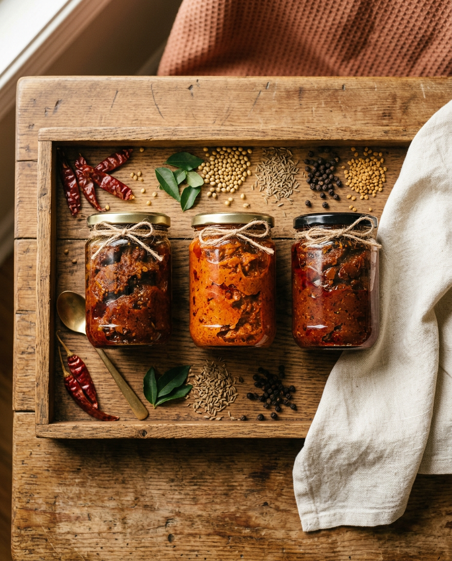 Bujji non-veg pickle jars arranged as a gift set
